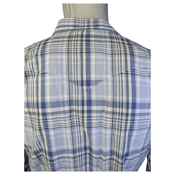 Wrangler Plaid Pearl Snap Western Shirt Blue Green Cowboy Ranchwear | Size Large - Picture 6 of 7
